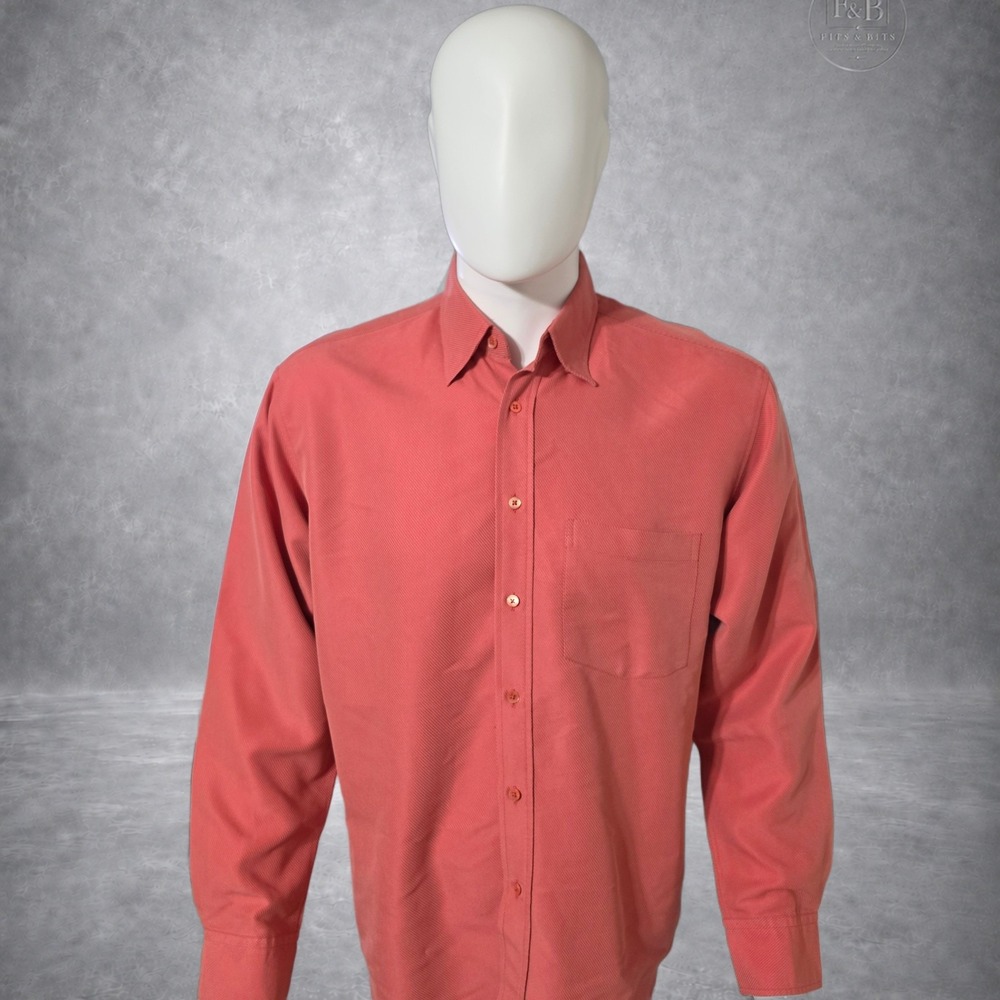 Bugatchi Uomo Mens‎ Medium Coral Ribbed Textured Long Sleeve Button Down Shirt
